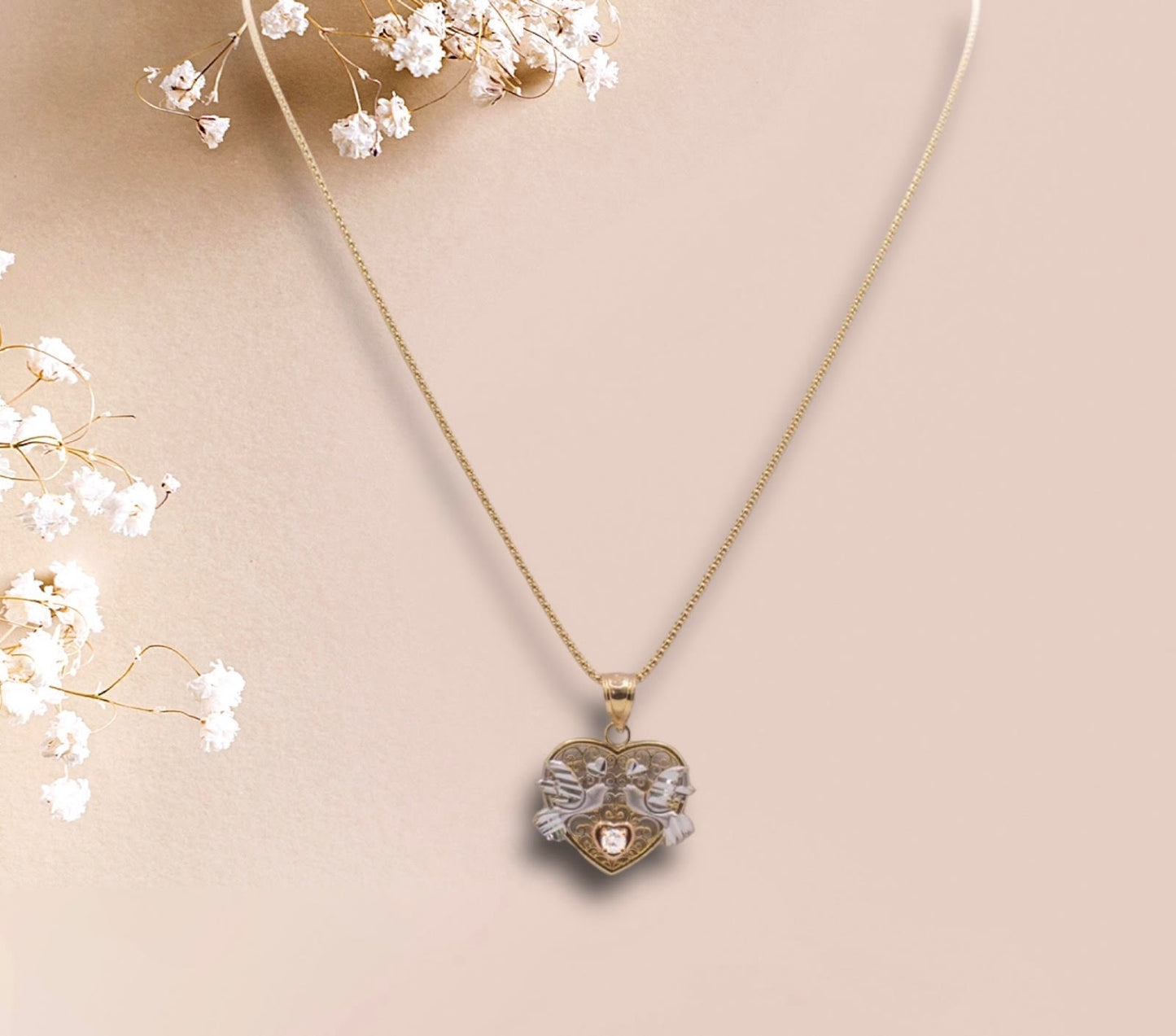 Yellow and White Gold Bird Heart Necklace with CZ Stone In The Center