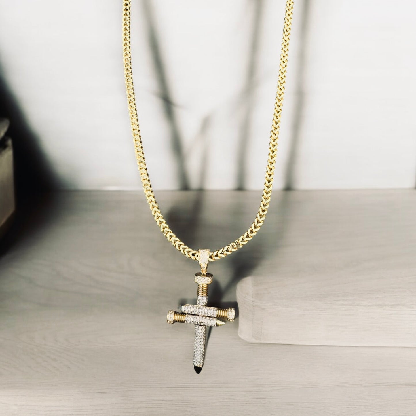 Men's Franko Chain with Cross Nail Pendant Featuring CZ Stones.