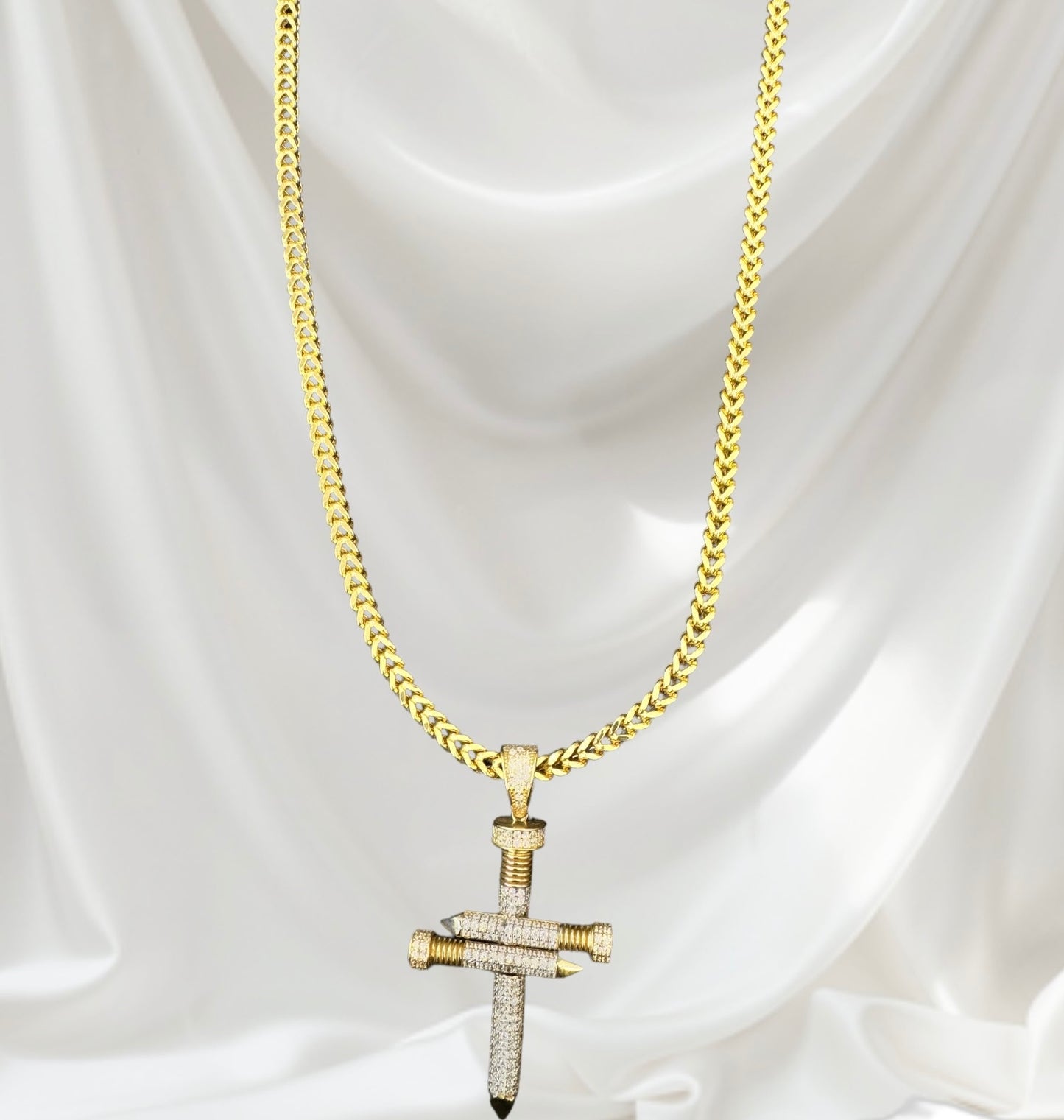 Men's Franko Chain with Cross Nail Pendant Featuring CZ Stones.