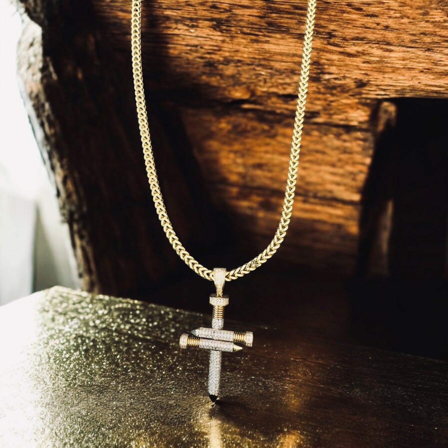 Men's Franko Chain with Cross Nail Pendant Featuring CZ Stones.